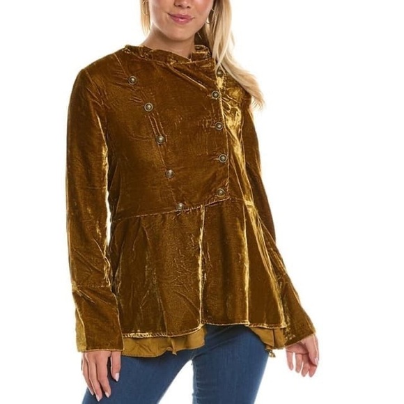 Free People Faye Jacket Military Velvet Long Sleeve Collar Jacket Gold ⚜️ - Picture 9 of 10